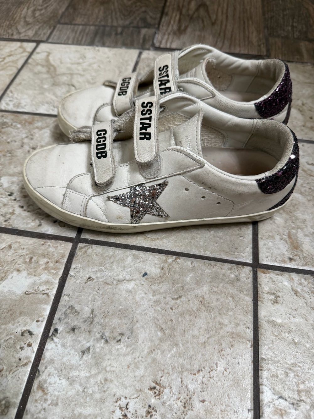 Golden Goose Kids White Sneakers with Silver Glitter Star and Purple Heel